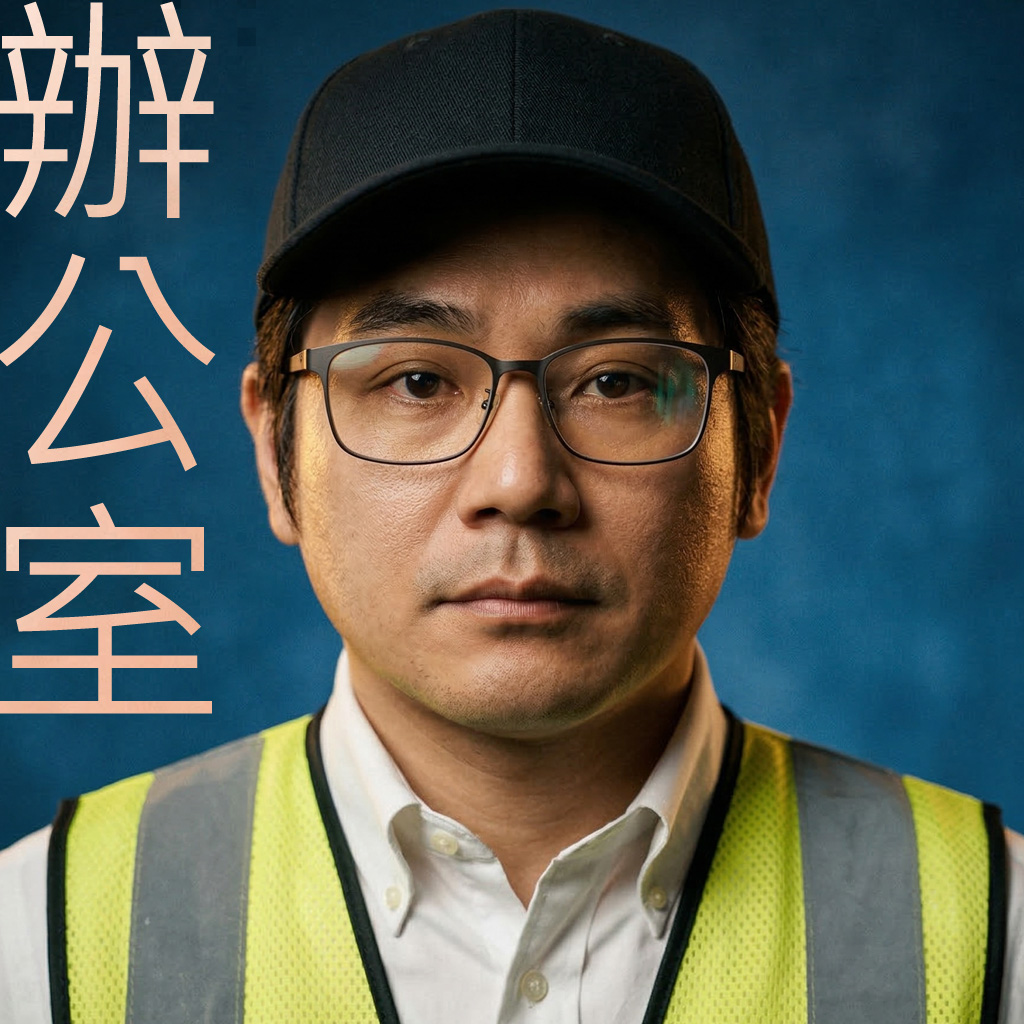 一位穿著反光背心的男子，戴著眼鏡和黑色帽子，面對鏡頭，背景為藍色。