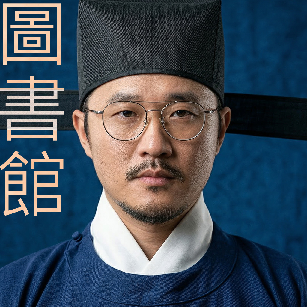 一位穿著傳統服飾的男性，佩戴眼鏡，直視鏡頭，背景為藍色。