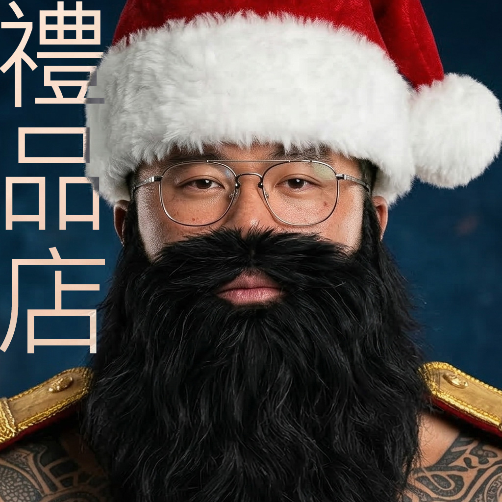 穿著聖誕老人帽和厚重黑鬍子的男性，背景為深藍色，臉上佩戴眼鏡，旁邊有中文文字。