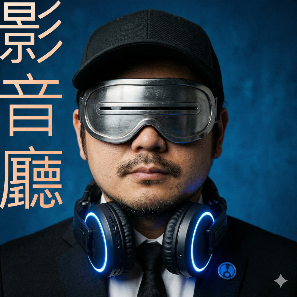 一名男子穿著西裝，戴著金屬護目鏡和發光耳機，背景為藍色牆面。