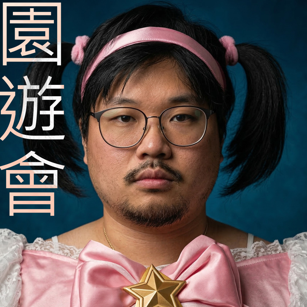 一位穿著粉色服裝、帶著雙馬尾的男性，面部表情嚴肅，背景為深藍色。